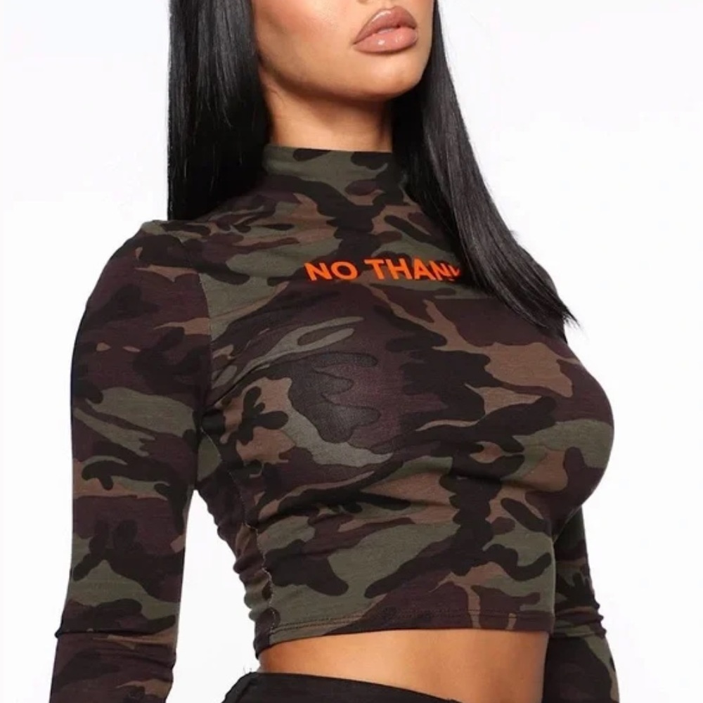 Fashion Nova- Camo “No Thanks” Long Sleeve Top